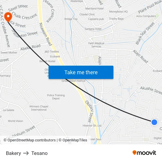Bakery to Tesano map