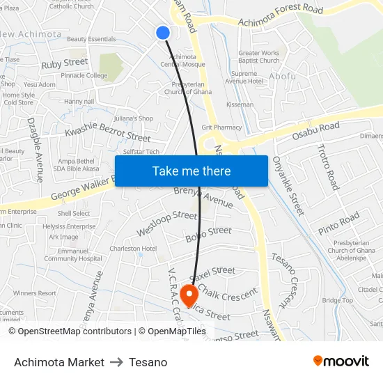 Achimota Market to Tesano map