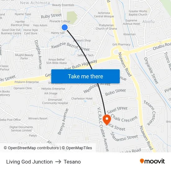 Living God Junction to Tesano map