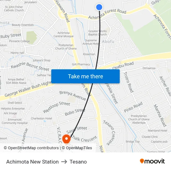 Achimota New Station to Tesano map