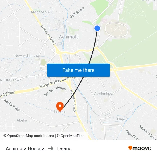 Achimota Hospital to Tesano map