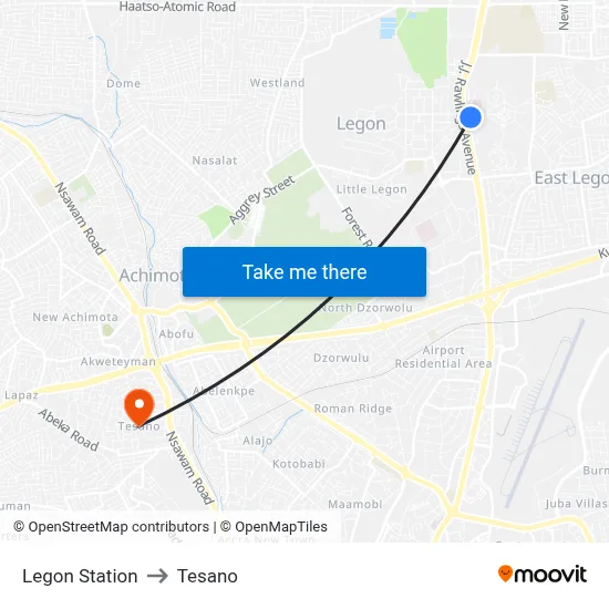 Legon Station to Tesano map