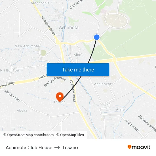Achimota Club House to Tesano map