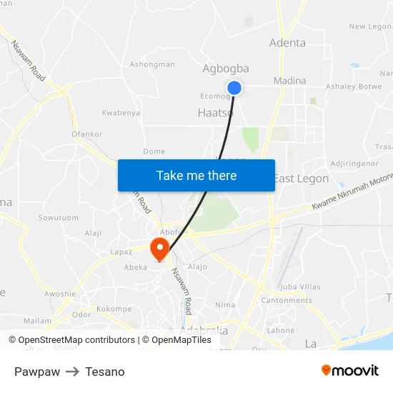 Pawpaw to Tesano map