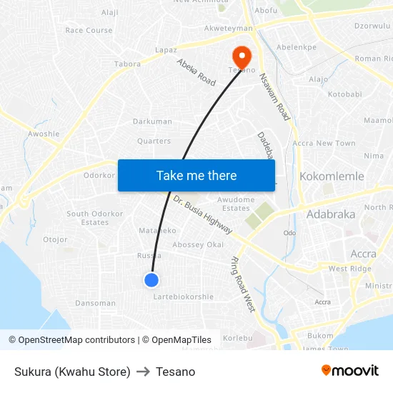 Sukura (Kwahu Store) to Tesano map