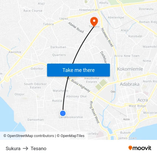 Sukura to Tesano map
