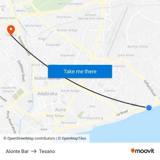 Alonte Bar to Tesano map