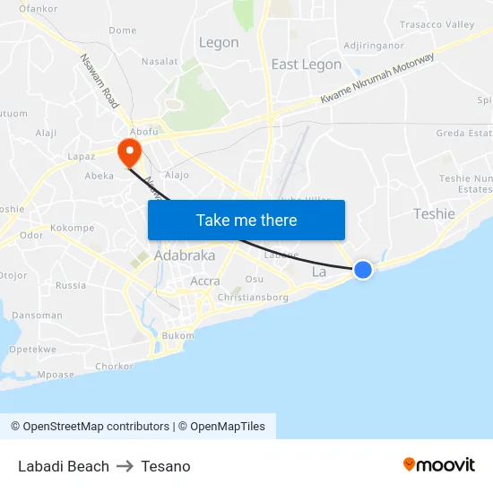 Labadi Beach to Tesano map