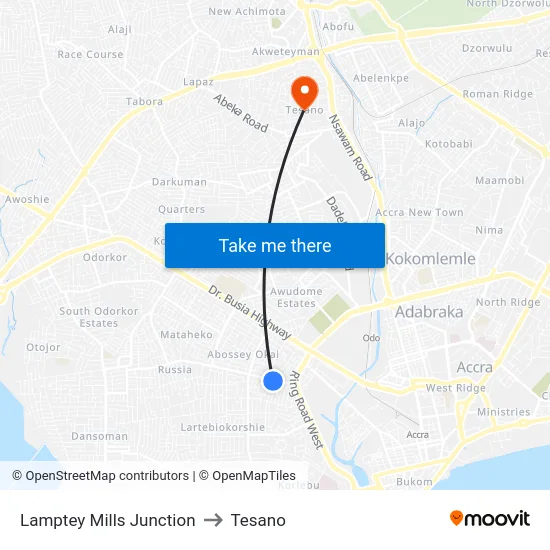 Lamptey Mills Junction to Tesano map