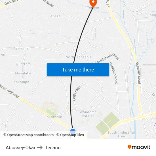 Abossey-Okai to Tesano map