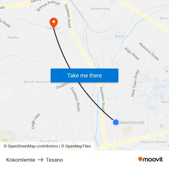 Kokomlemle to Tesano map