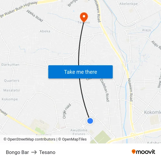 Bongo Bar to Tesano map