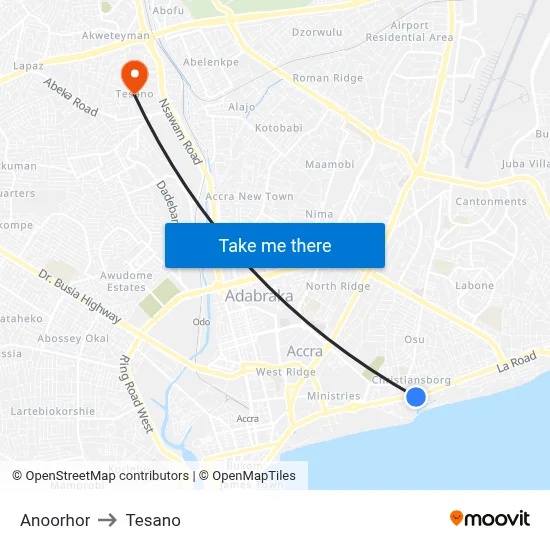 Anoorhor to Tesano map