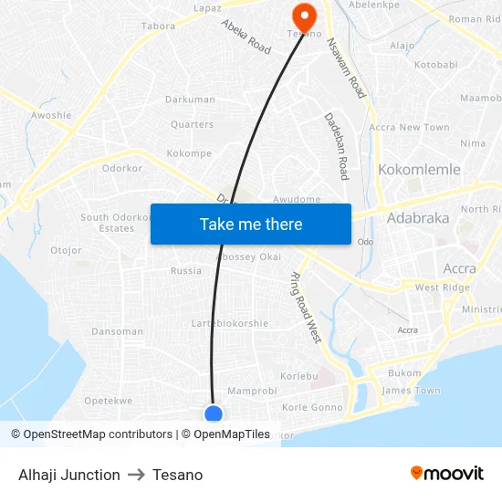 Alhaji Junction to Tesano map