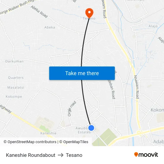 Kaneshie Roundabout to Tesano map