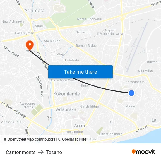 Cantonments to Tesano map