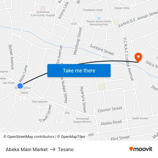 Abeka Main Market to Tesano map