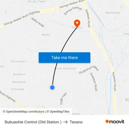 Bubuashie Control (Old Station ) to Tesano map