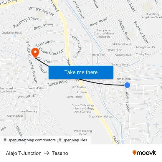 Alajo T-Junction to Tesano map