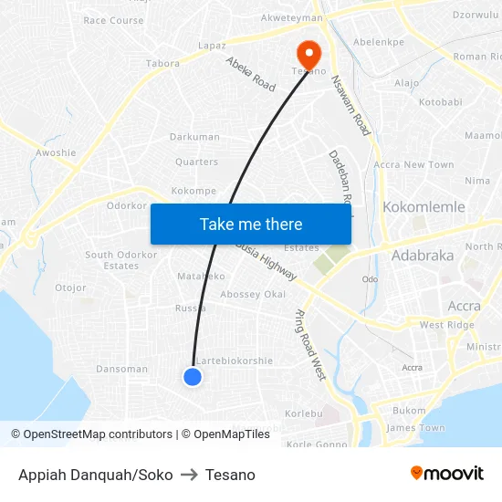 Appiah Danquah/Soko to Tesano map
