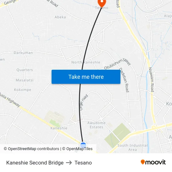 Kaneshie Second Bridge to Tesano map
