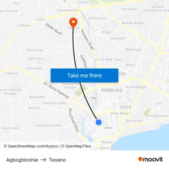 Agbogbloshie to Tesano map