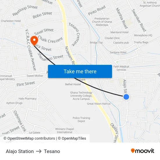 Alajo Station to Tesano map