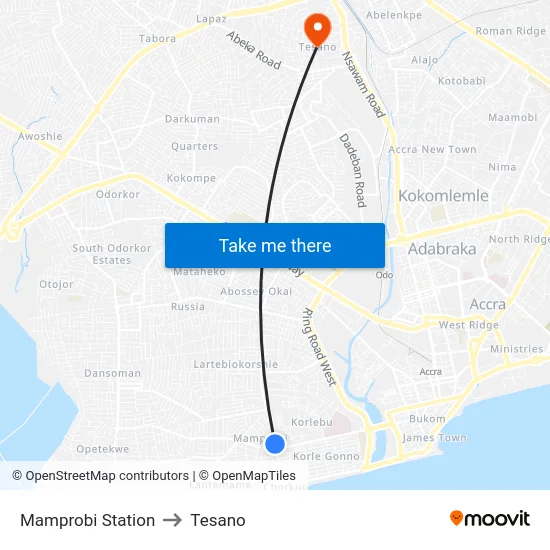 Mamprobi Station to Tesano map