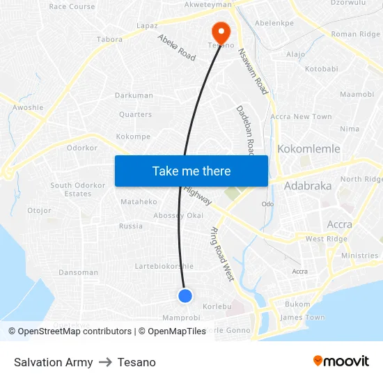 Salvation Army to Tesano map