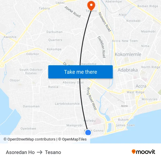 Asoredan Ho to Tesano map