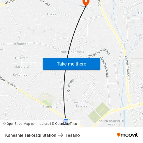 Kaneshie Takoradi Station to Tesano map
