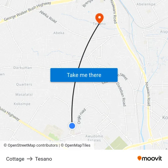 Cottage to Tesano map