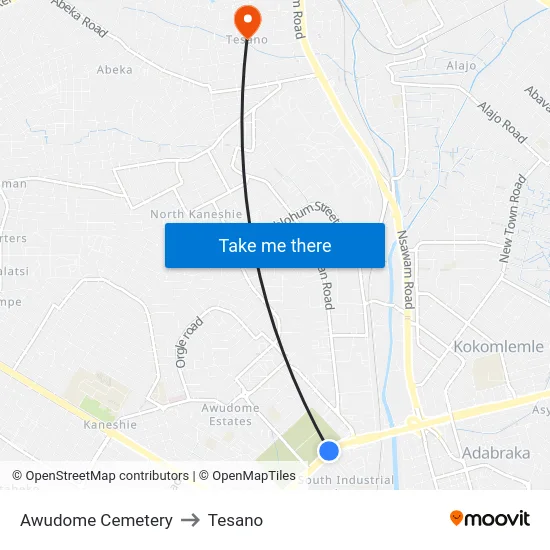 Awudome Cemetery to Tesano map