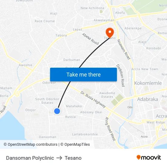 Dansoman Polyclinic to Tesano map