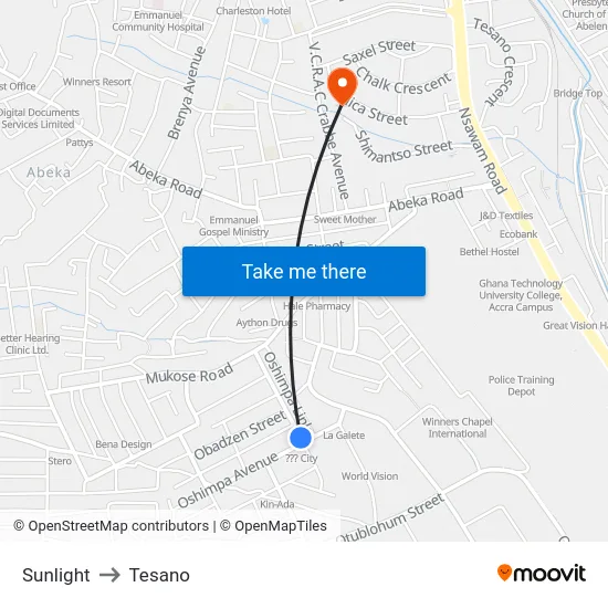 Sunlight to Tesano map
