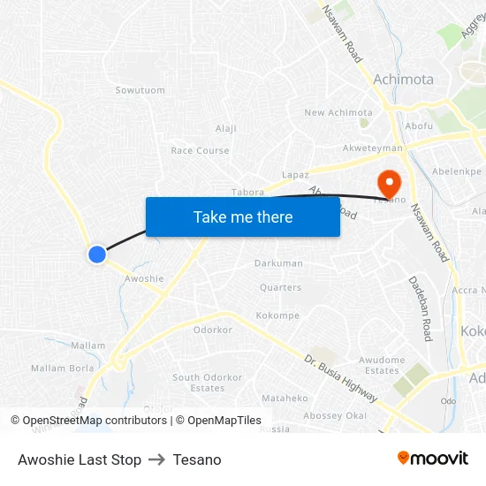 Awoshie Last Stop to Tesano map