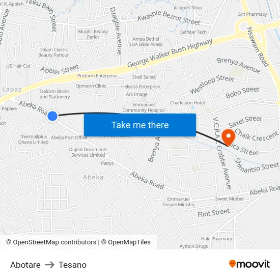 Abotare to Tesano map