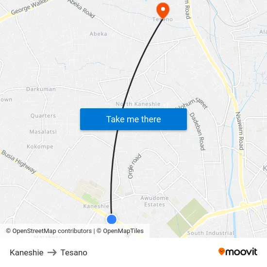 Kaneshie to Tesano map