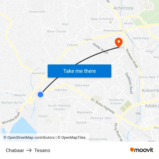 Chabaar to Tesano map