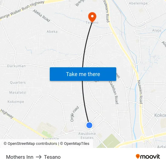 Mothers Inn to Tesano map