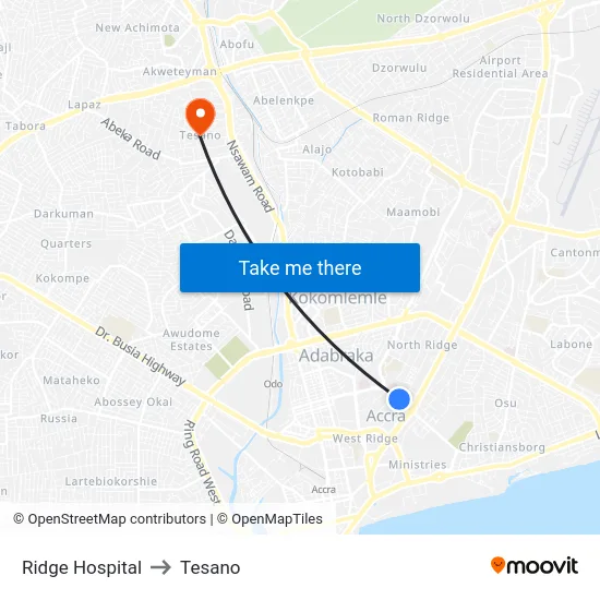 Ridge Hospital to Tesano map