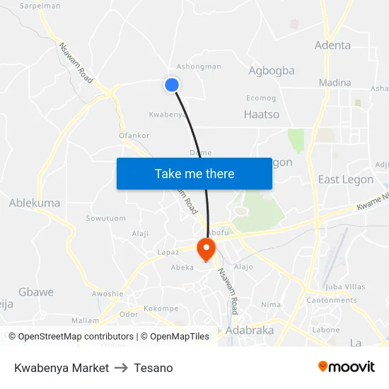 Kwabenya Market to Tesano map