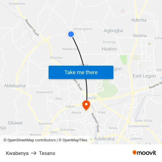Kwabenya to Tesano map