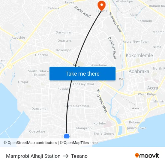 Mamprobi Alhaji Station to Tesano map