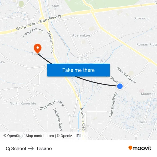 Cj School to Tesano map