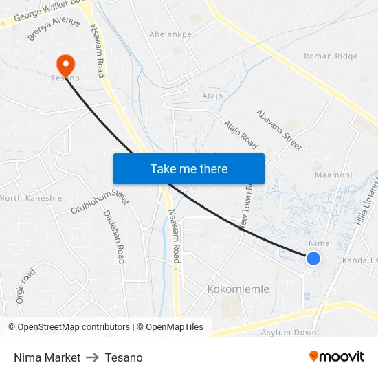 Nima Market to Tesano map