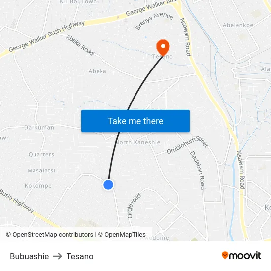 Bubuashie to Tesano map