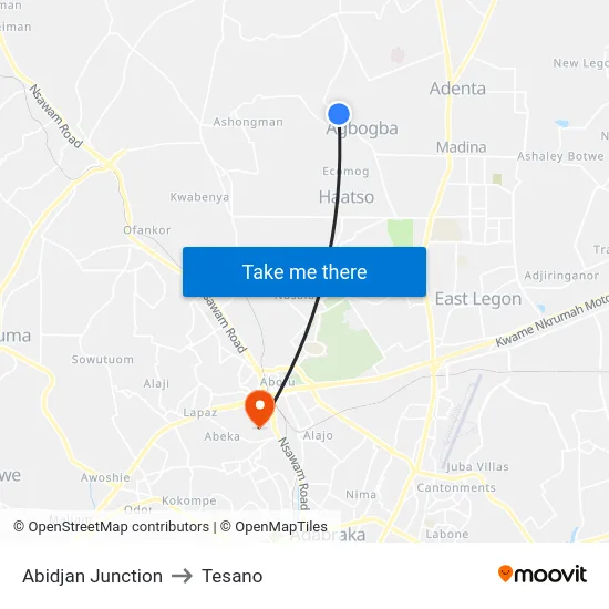 Abidjan Junction to Tesano map