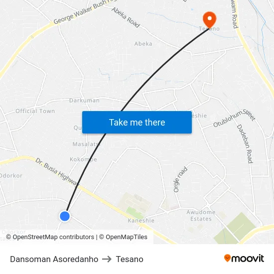 Dansoman Asoredanho to Tesano map