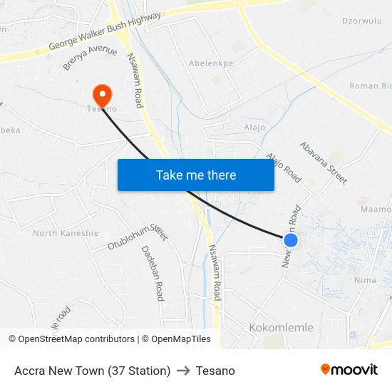 Accra New Town (37 Station) to Tesano map